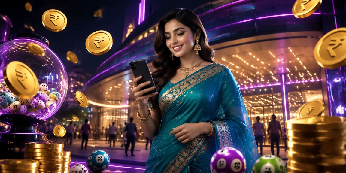 Happy responsible Indian player betting safely in traditional saree