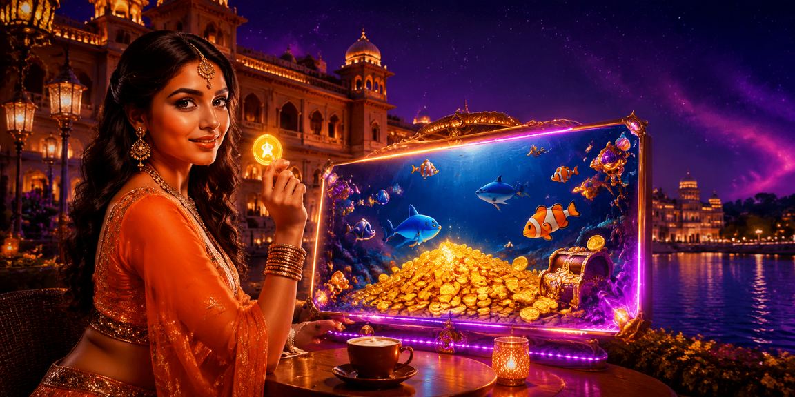 Neon themed Indian fishing game graphic