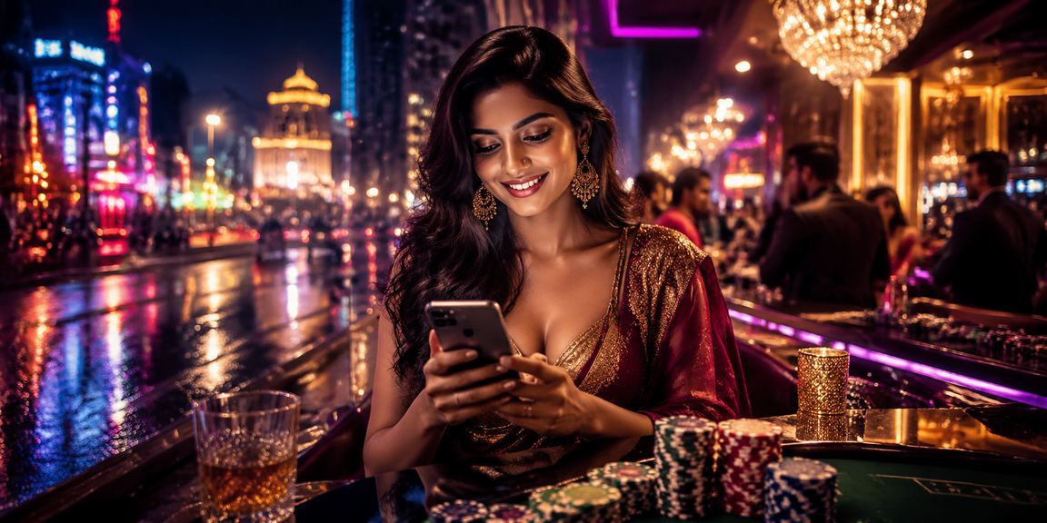 Mumbai neon mobile casino gaming scene at night